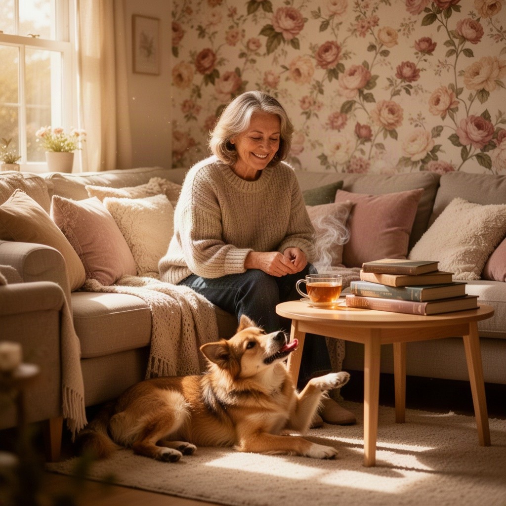 A warm and inviting scene featuring a loving aunt sitting in a cozy living room