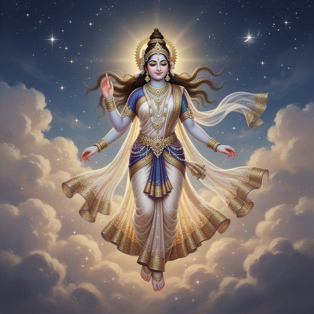A beautiful celestial apsara, gracefully floating in the sky, adorned in intricate traditional Indian attire with shimmering fabrics and elaborate jewelry