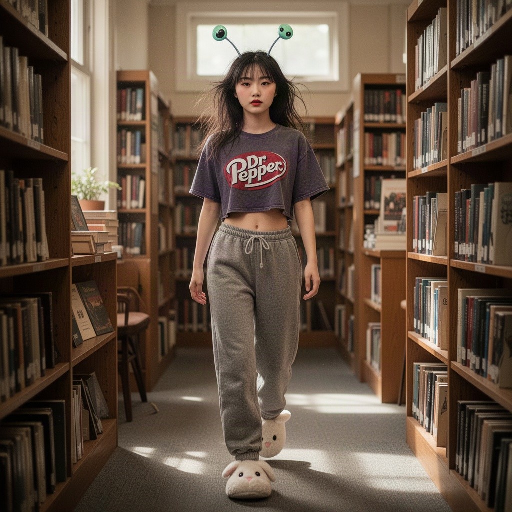 A beautiful young Chinese woman walking through a library, showcasing her thick eyelashes and thick eyebrows