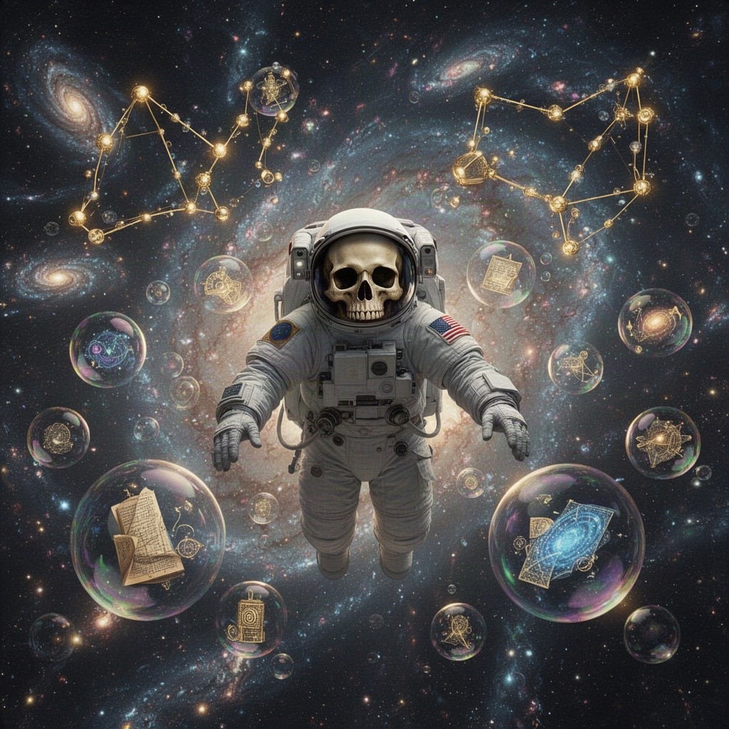 An astronaut transformed into a skull floats serenely in the boundless abyss of space, surrounded by a stunning cosmic ocean filled with vibrant galaxies and colorful nebulae that form unique, intricate constellations