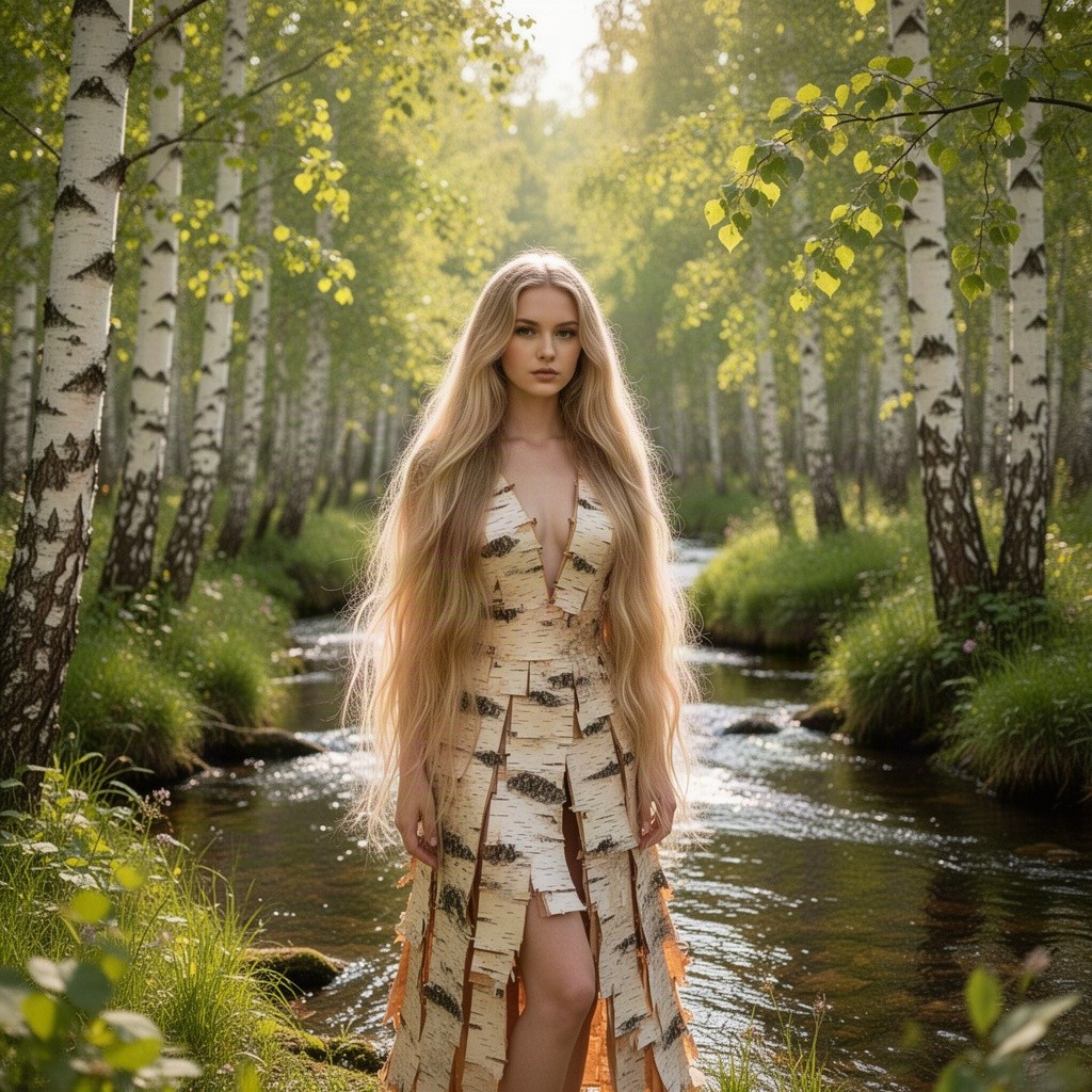 A young woman with long, flowing blonde hair cascading down to her waist, wearing an open dress made of birch bark, standing by a charming stream in a picturesque birch forest on a sunny day