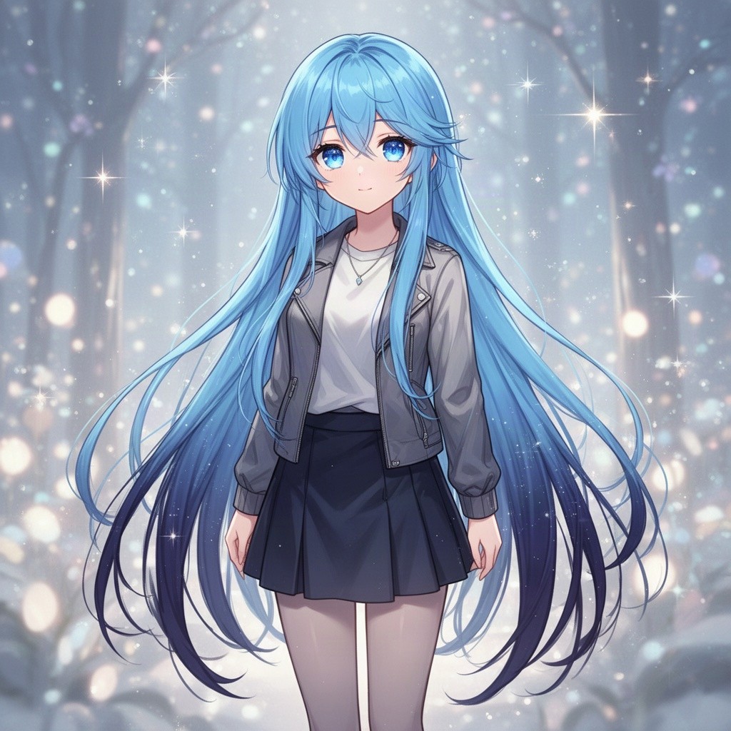 A beautiful young 17-year-old anime woman with long, striking bright blue hair that flows down to her knees, featuring dark blue ombre tips that add depth to her vibrant hairstyle