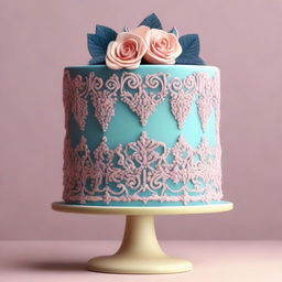 Generate an image of a uniquely designed, yet simplistic cake with intricate details and appealing colors