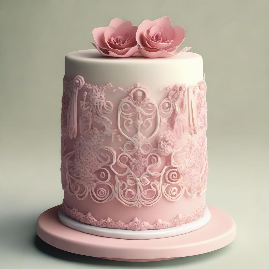 Generate an image of a uniquely designed, yet simplistic cake with intricate details and appealing colors