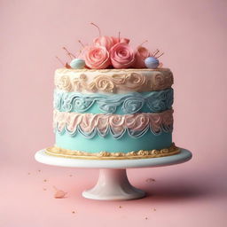 Generate an image of a uniquely designed, yet simplistic cake with intricate details and appealing colors