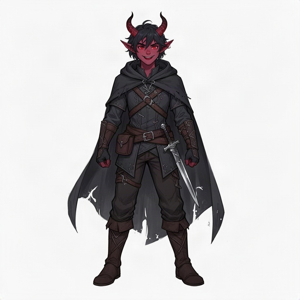 A full-body character design of a teenage Tiefling rogue, featuring dark-colored rogue fantasy clothing that emphasizes stealth and agility