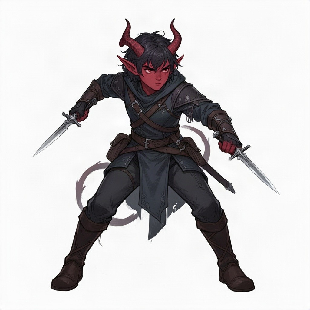 A full-body character design of a teenage Tiefling rogue, emphasizing stealth and agility
