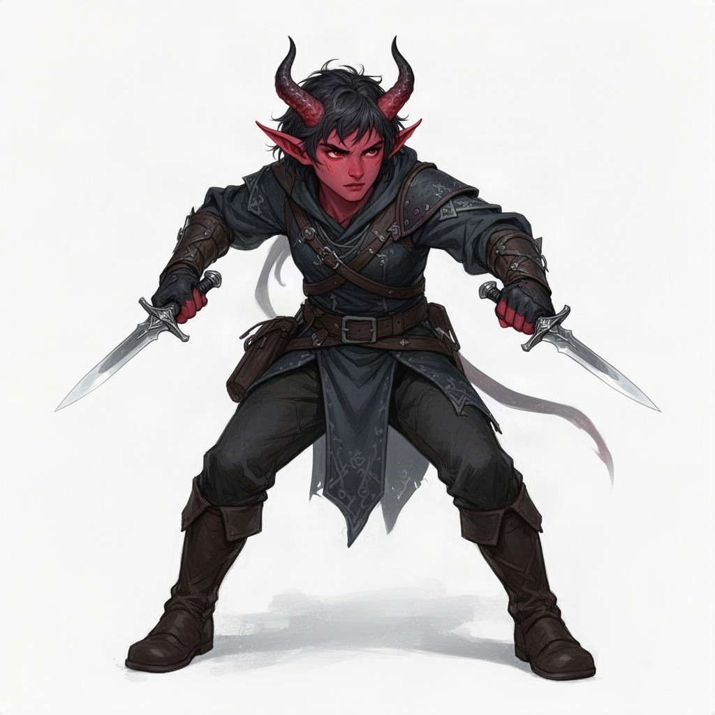 A full-body character design of a young adult Tiefling rogue, showcasing their adventurous and stealthy nature