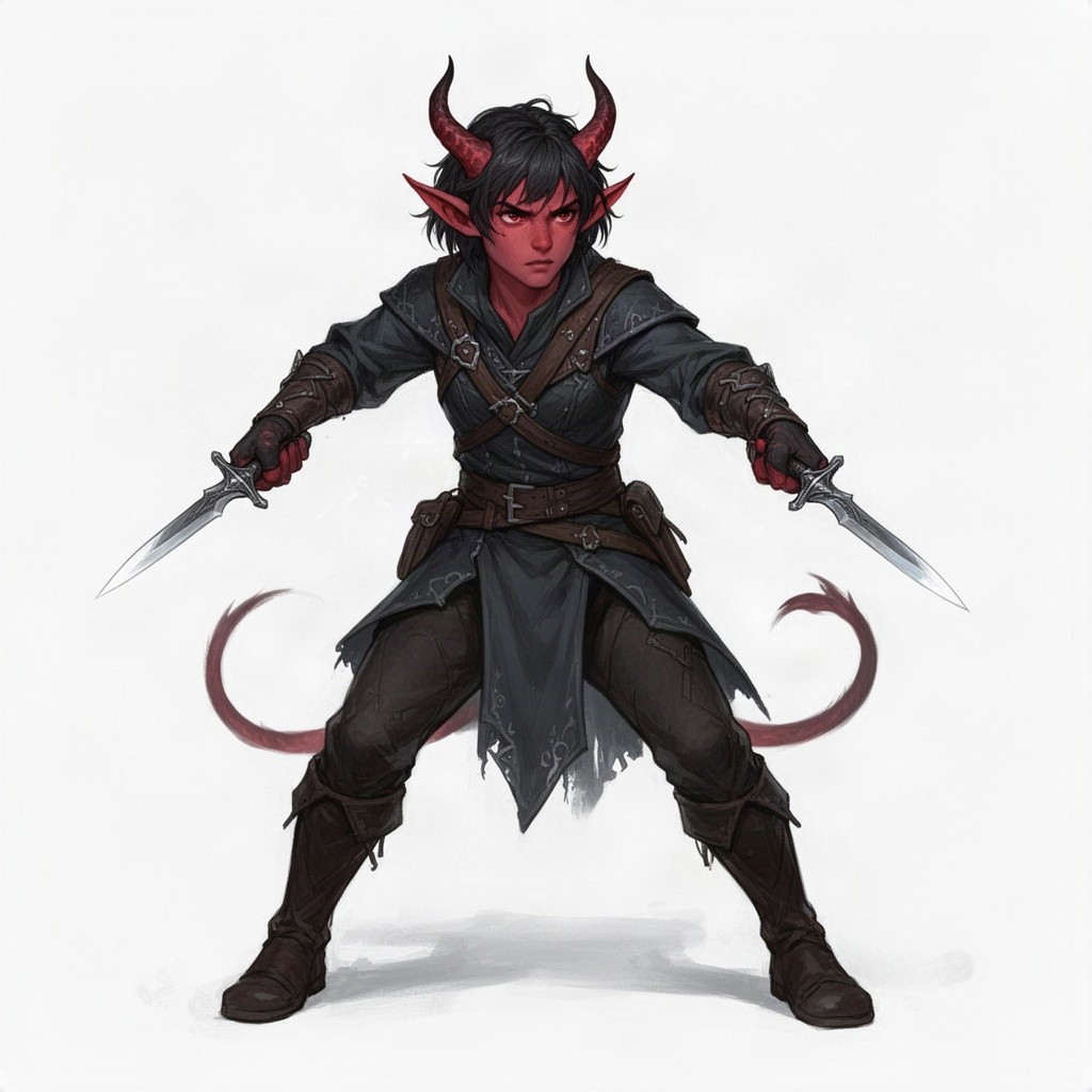 A character design of a young adult represented as a Tiefling rogue, wearing dark colored fantasy clothing typical for a rogue