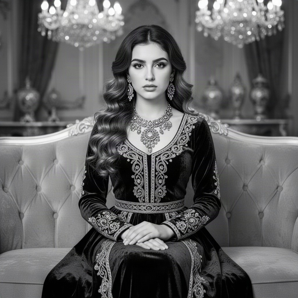 A black-and-white portrait of a young woman in traditional Armenian attire seated gracefully on a plush sofa