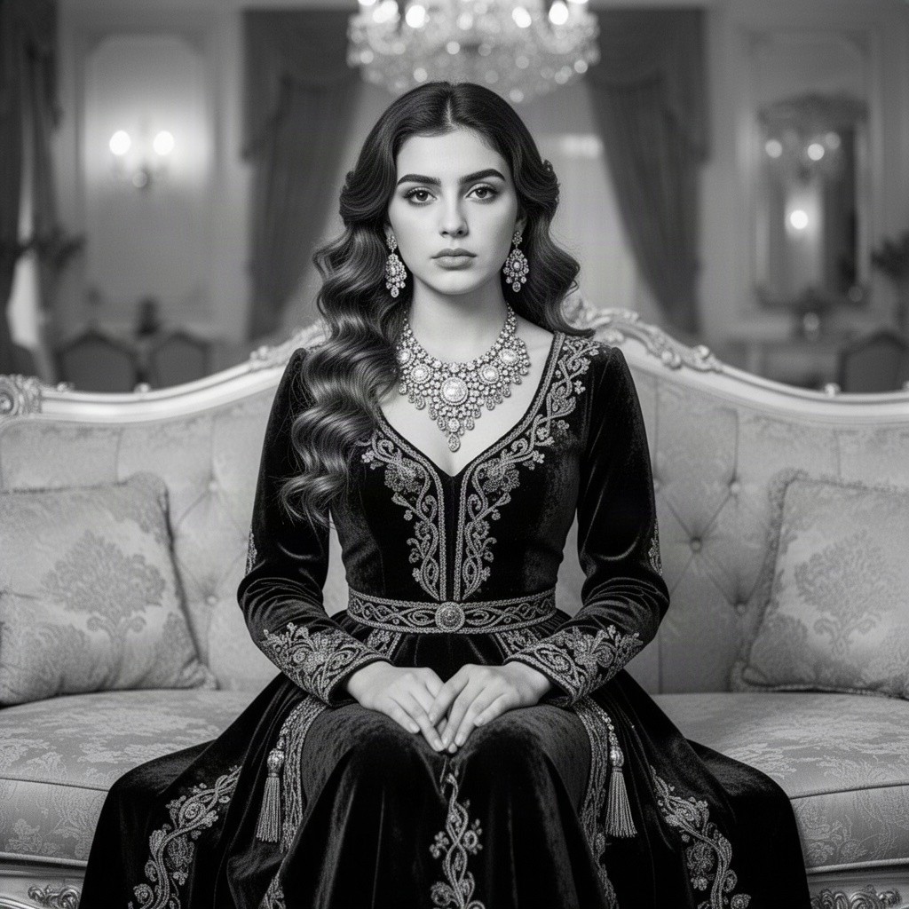 A black-and-white portrait of a young woman in traditional Armenian attire seated on a luxurious sofa, her hands resting gracefully on her knees