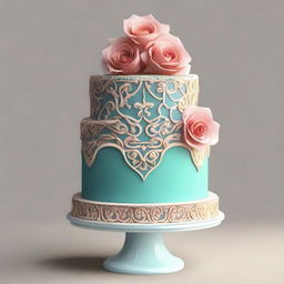 Generate an image of a uniquely designed, yet simplistic cake with intricate details and appealing colors