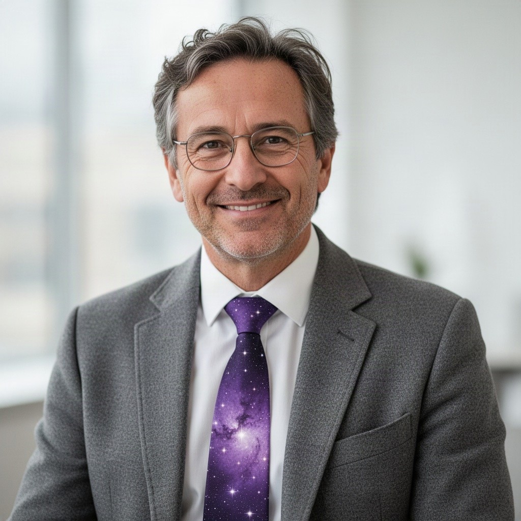 A middle-aged man dressed in a classic therapist outfit, featuring a gray blazer and a crisp white shirt