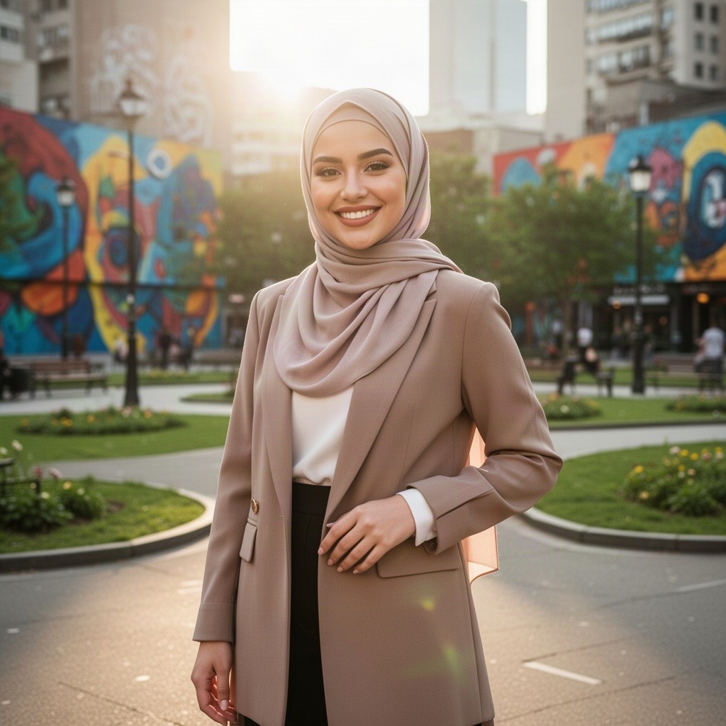 A beautiful Muslim woman wearing a stylish hijab, standing confidently in an urban environment