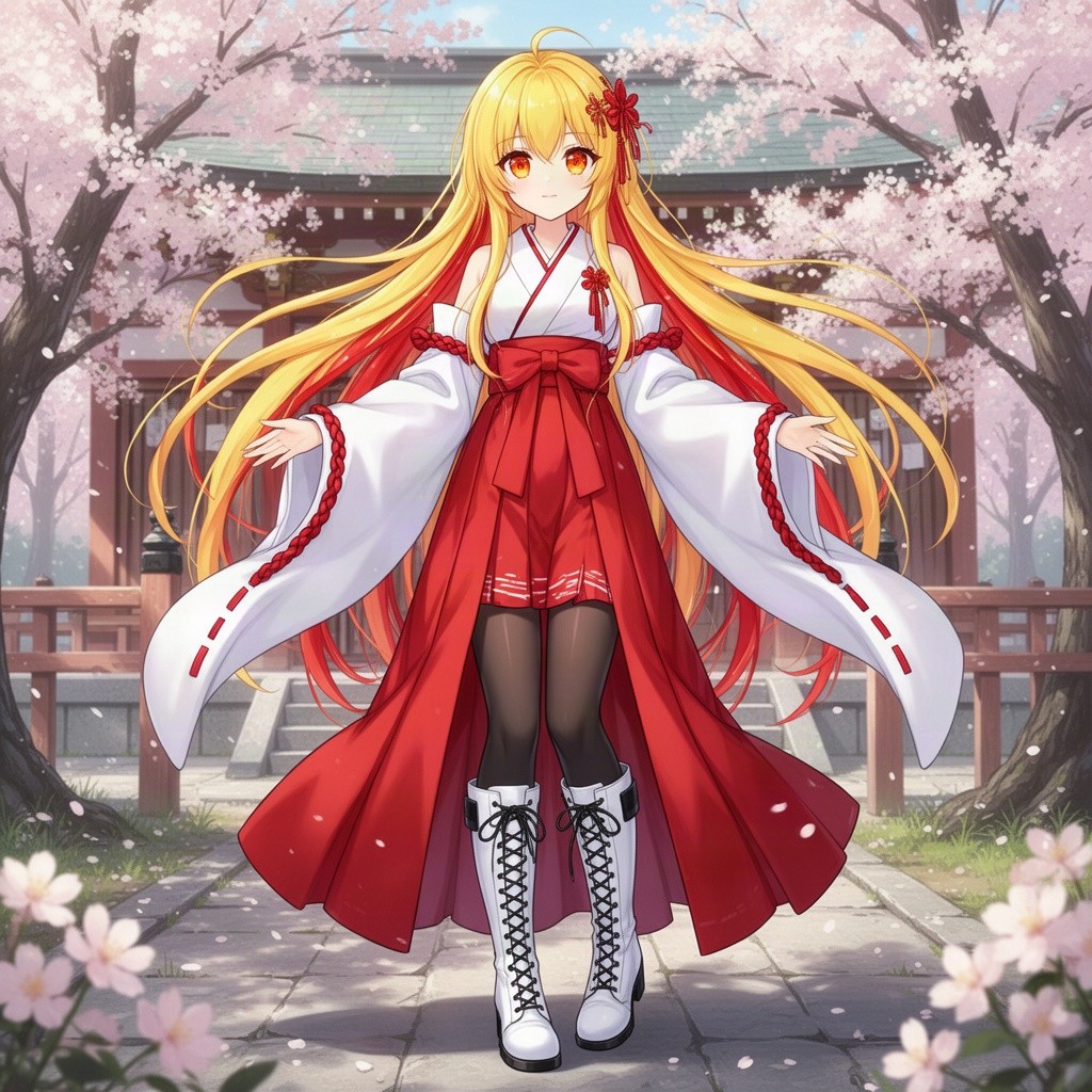 A beautiful young 17-year-old anime girl with long, flowing golden yellow hair embellished with vivid red highlights, mesmerizing orange eyes that shine with a captivating glow
