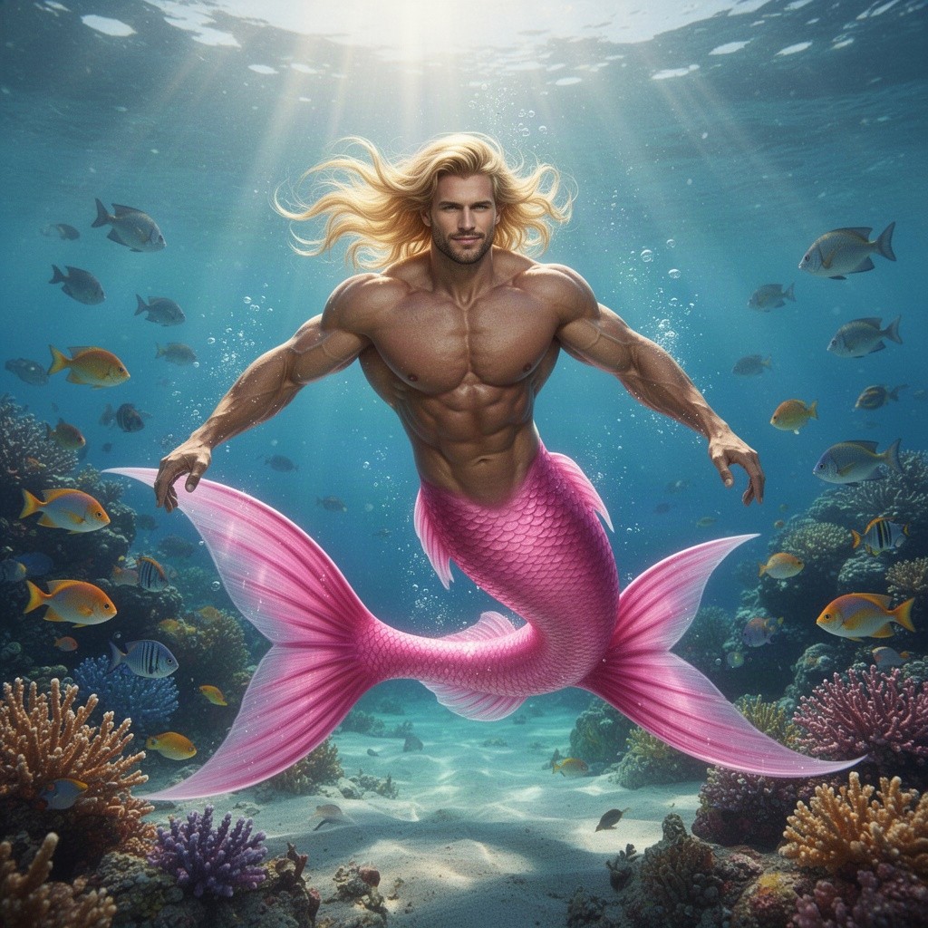 A strikingly attractive, muscular hunky merman with vibrant, flowing blond hair and a gleaming pink merman tail that shimmers in the sunlight as he gracefully swims through crystal-clear ocean waters