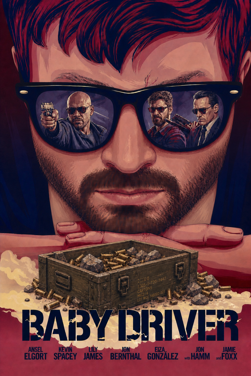 A stylized movie poster for a crime film featuring a male character with a beard and an older appearance in his 30s, wearing reflective sunglasses