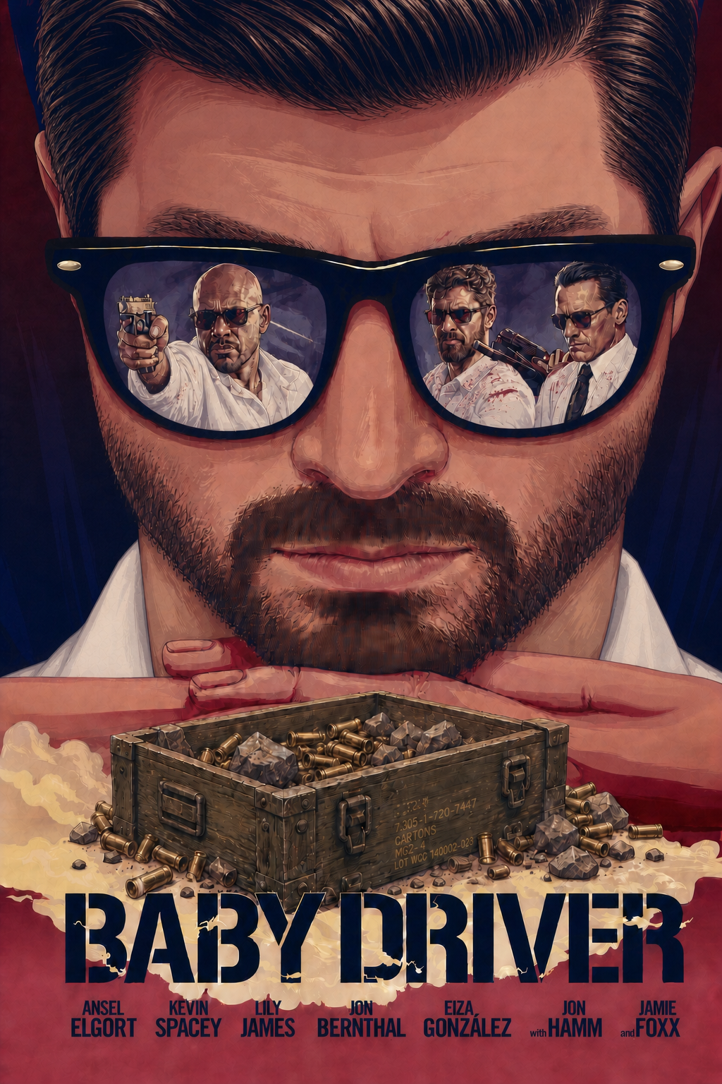 A stylized movie poster for a crime film featuring a male character with an older appearance in his 30s, complete with a beard, wearing a white shirt