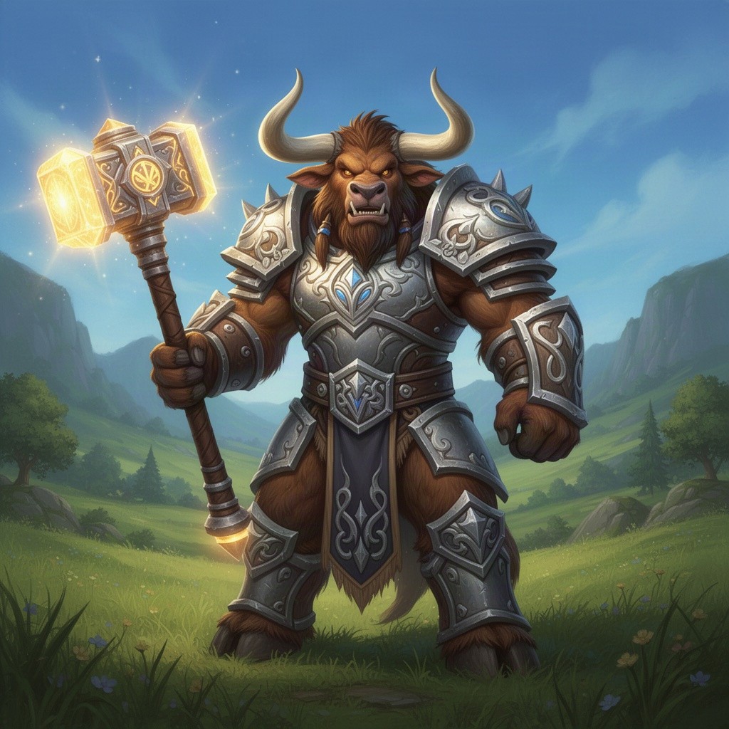 A male Tauren Paladin named Guulen, showcasing his towering physique and powerful presence
