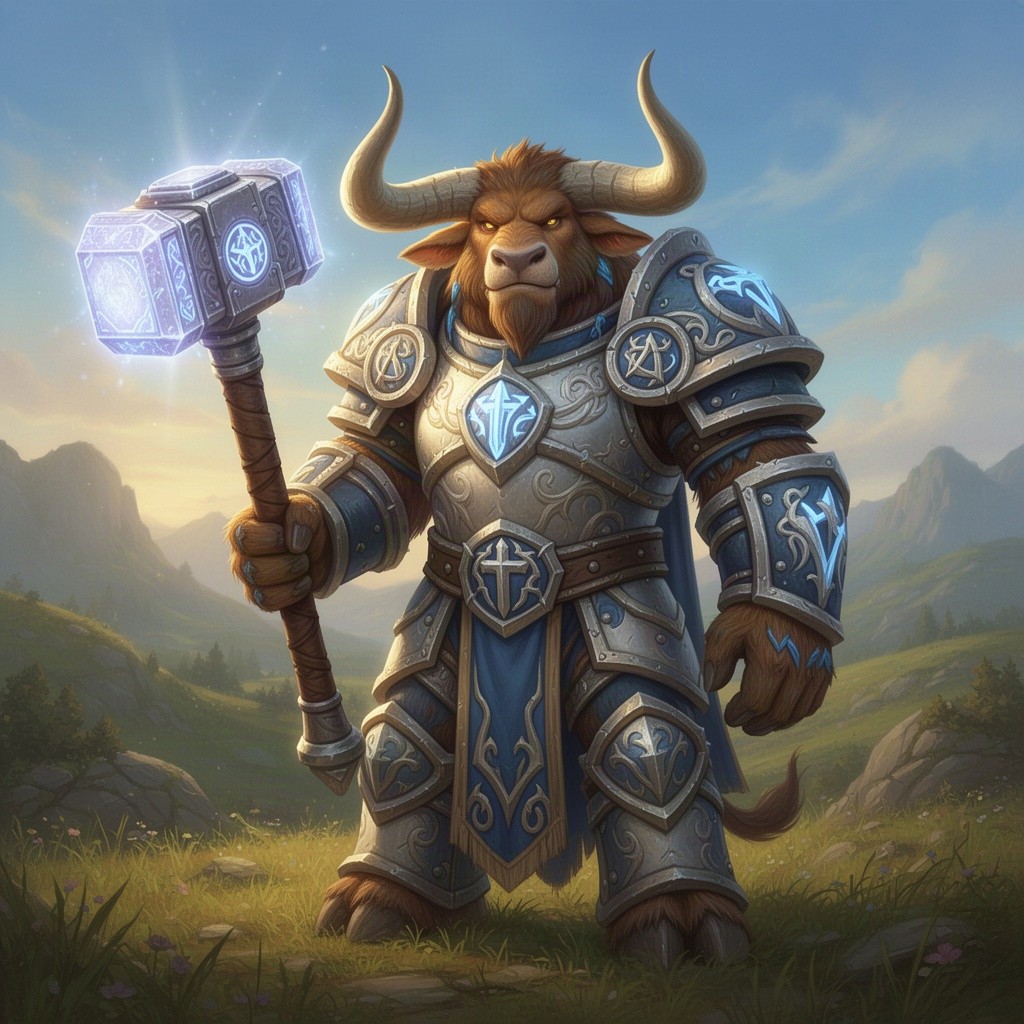 A male Tauren Paladin named Guulen, characterized by his imposing stature and gentle demeanor