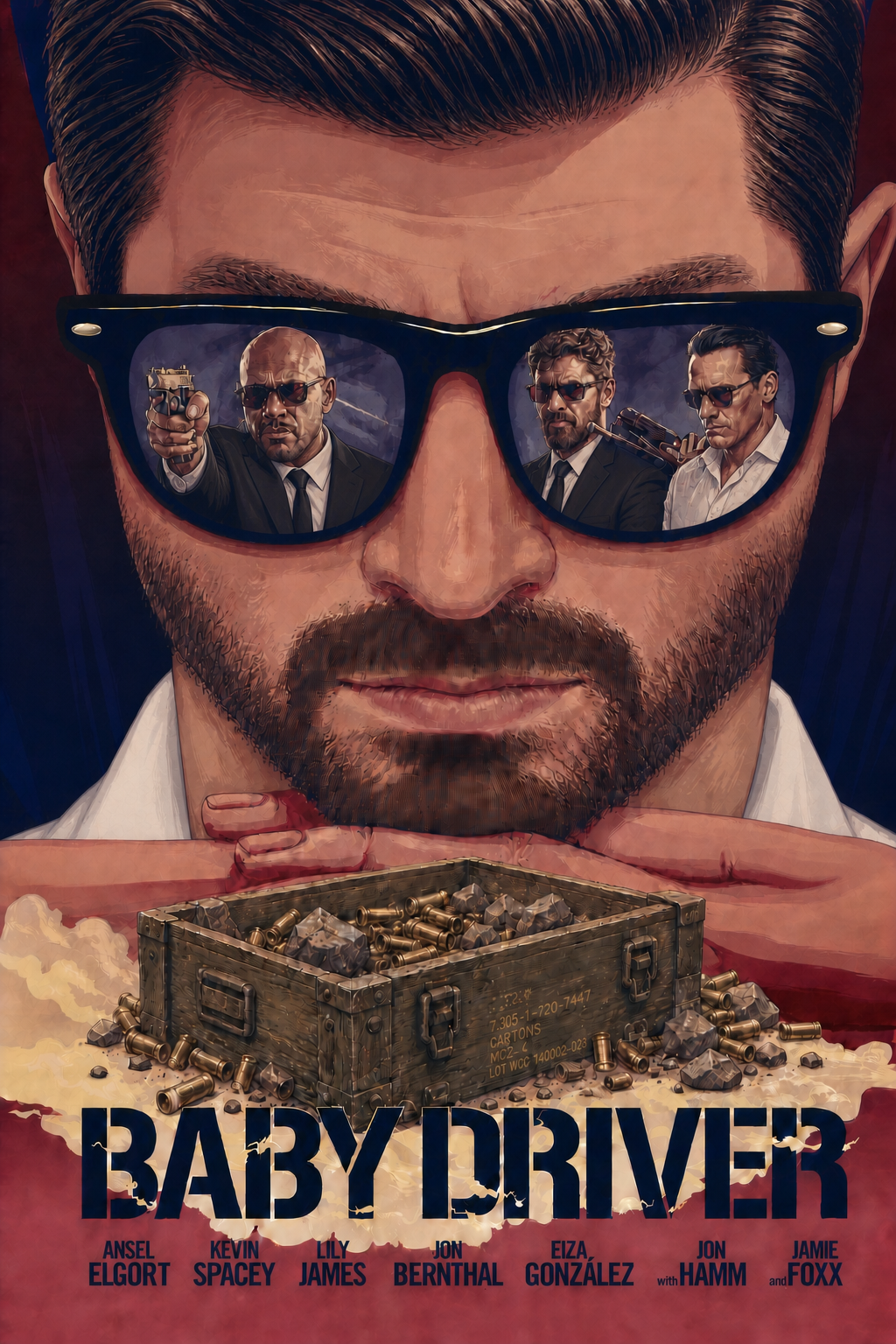 A stylized movie poster for a crime film featuring a male character with an older appearance, complete with a beard, wearing sunglasses