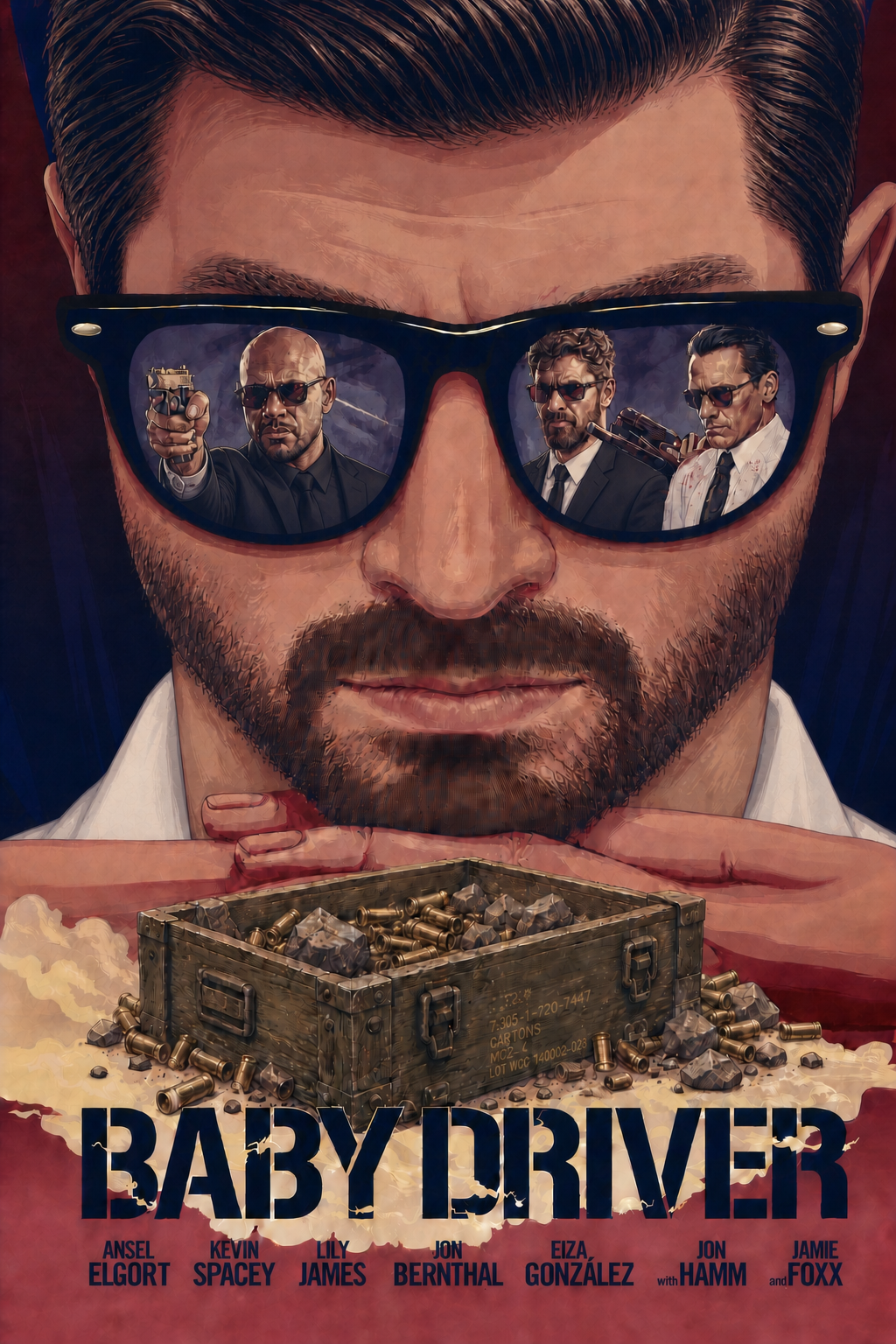 A stylized movie poster for a crime film featuring a male character with an older appearance in his 30s, complete with a beard and wearing glasses