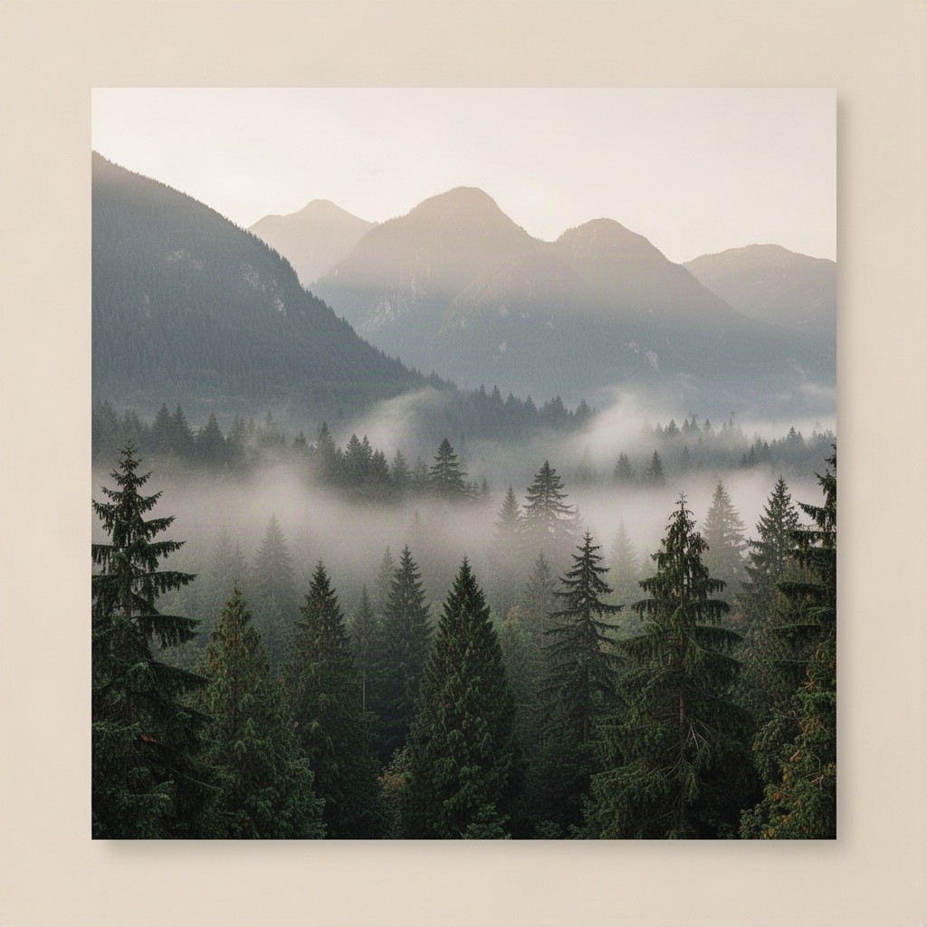 A breathtaking minimalist landscape photograph featuring the North Vancouver mountains and lush evergreen cedar forests
