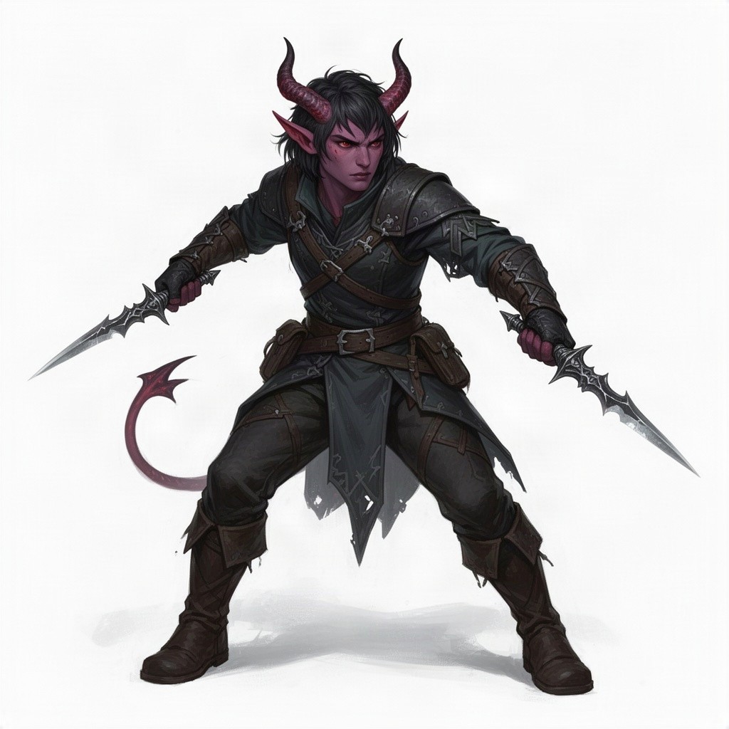 A young adult Tiefling rogue character, wearing dark colored rogue fantasy clothing, featuring short shaggy dark hair and medium length protruding horns
