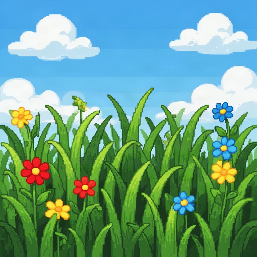 A vibrant and lively pixel art representation of cartoon-style grass, filled with various shades of green and playful textures
