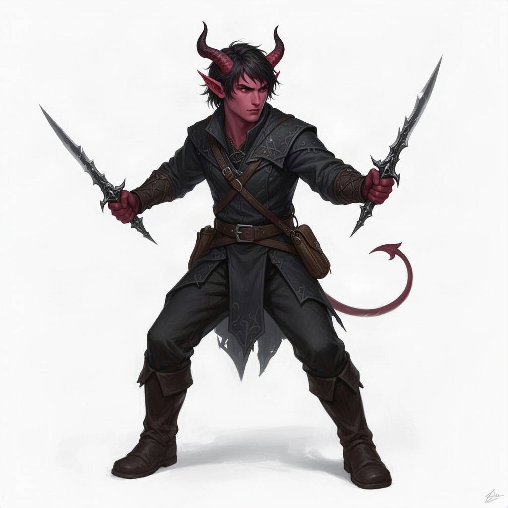 A young adult Tiefling rogue character, dressed in dark colored rogue fantasy clothing
