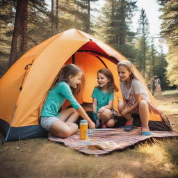 A lively scene of a 7-year-old girl, a 9-year-old girl, a 10-year-old boy, an 11-year-old girl, and an 8-year-old girl setting up a camping tent together