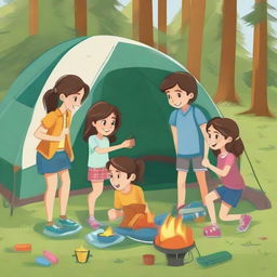 A lively scene of a 7-year-old girl, a 9-year-old girl, a 10-year-old boy, an 11-year-old girl, and an 8-year-old girl setting up a camping tent together