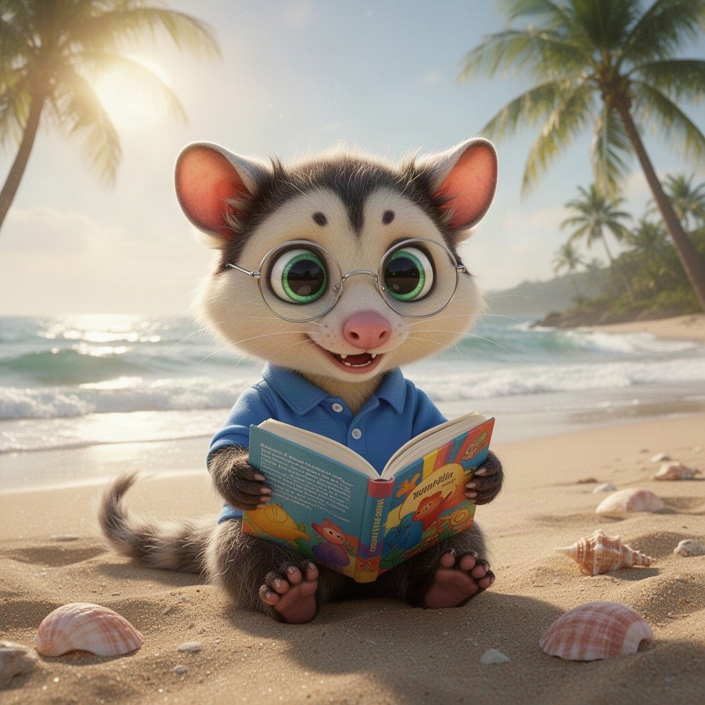 A cute possum with large round green eyes, wearing wire rim glasses and a blue polo shirt, is intently reading a colorful book while sitting on a sandy beach