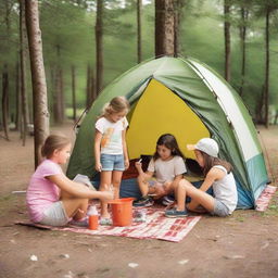 A lively scene of a 7-year-old girl, a 9-year-old girl, a 10-year-old boy, an 11-year-old girl, and an 8-year-old girl setting up a camping tent together