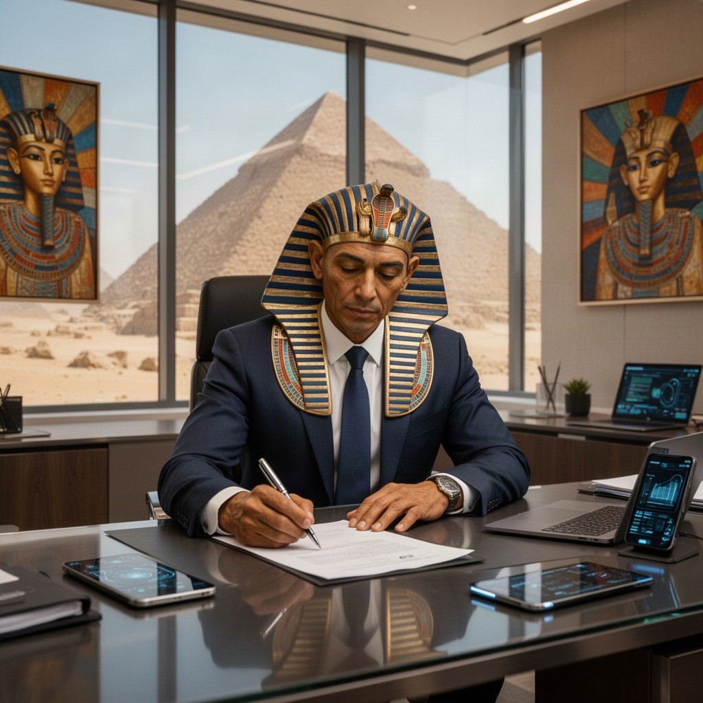 Pharoah Khufu, the ancient Egyptian ruler, dressed in a modern suit, sitting at a sleek desk in a contemporary office