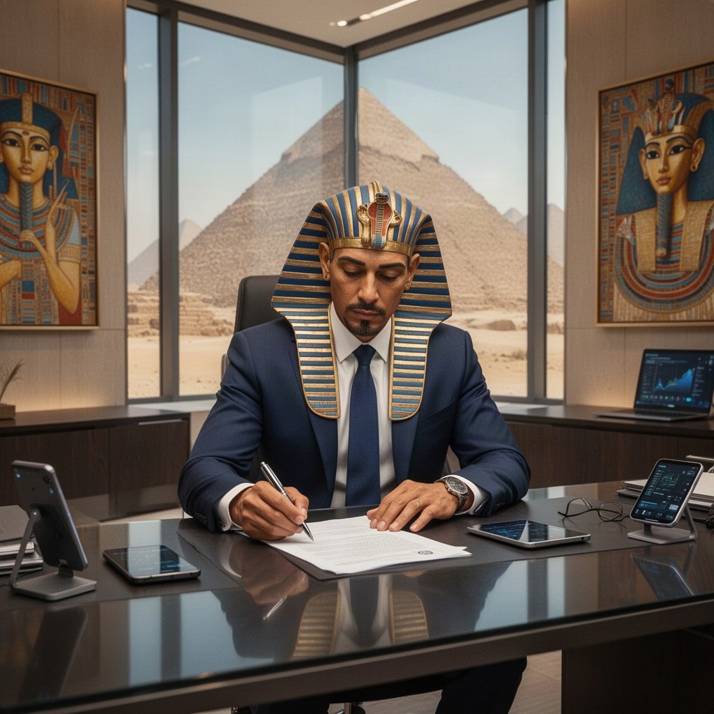 Pharoah Khufu, the ancient Egyptian ruler, dressed in a modern suit, sitting at a sleek desk in a contemporary office