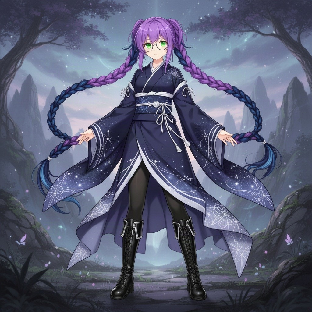 A beautiful young 17-year-old anime girl with long, vibrant purple hair featuring striking dark blue highlights tied in exceptionally long twin braids