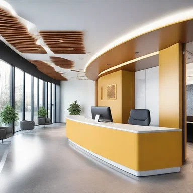 The designer incorporated elements of consumer credit in the modern and stylish decor of the office building.