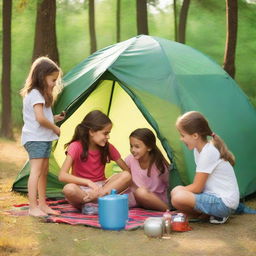 A lively scene of a 7-year-old girl, a 9-year-old girl, a 10-year-old boy, an 11-year-old girl, and an 8-year-old girl setting up a camping tent together