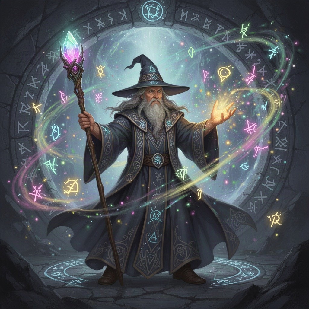 A powerful wizard in a mystical setting, casting a vibrant spell