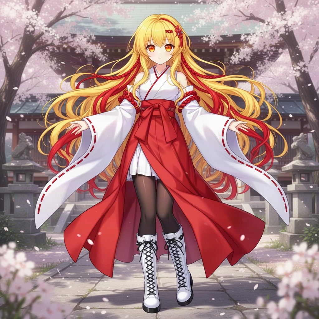 A beautiful young 17-year-old anime girl with long, wavy golden yellow hair adorned with vivid red highlights cascading elegantly around her