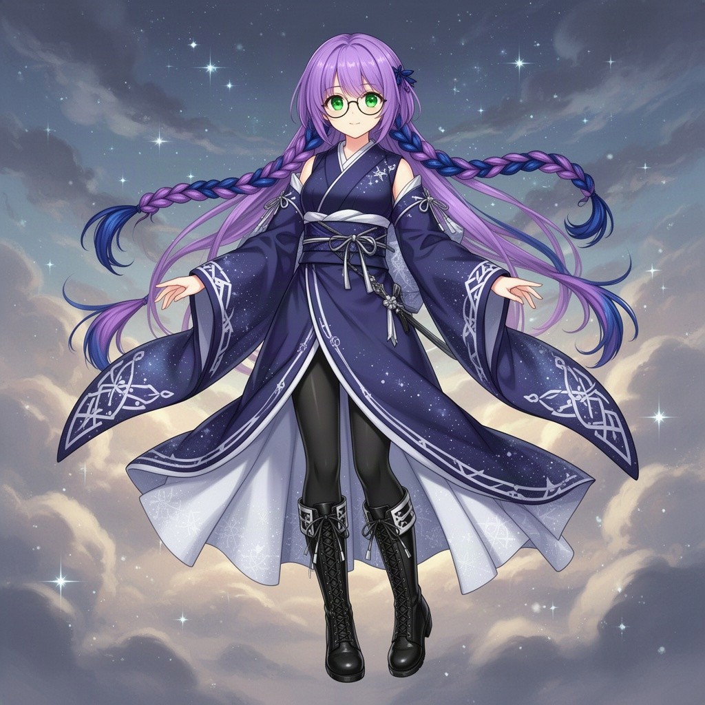 A beautiful young 17-year-old anime girl with long, flowing purple hair adorned with vivid dark blue highlights, expertly tied into long twin braids
