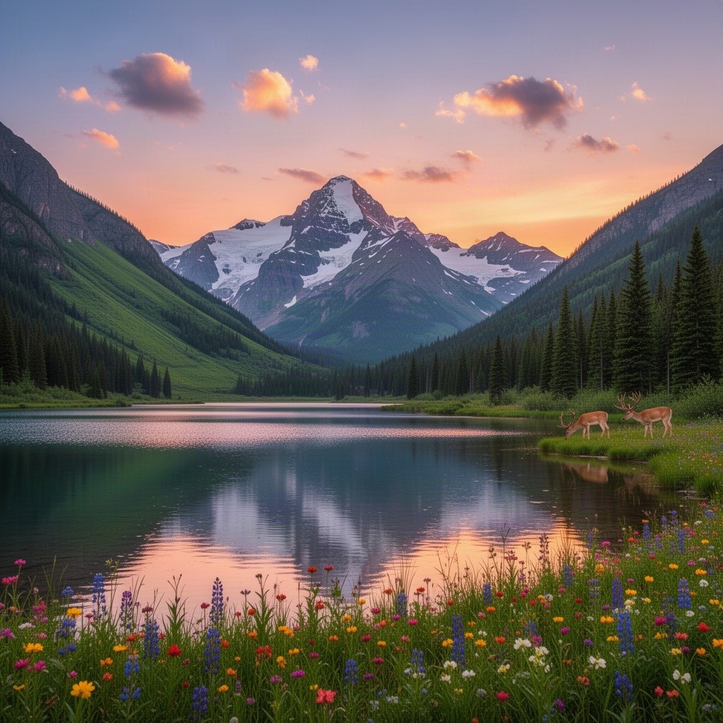 A stunning landscape at sunrise, showcasing a mountain range with snow-capped peaks surrounded by lush green valleys