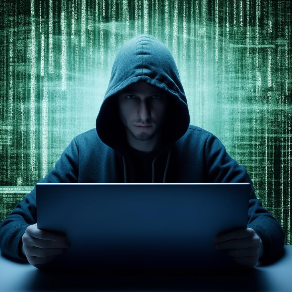 A hacker, with a sheet inscripted with 'BXCLONER' in his hand, accompanied by a laptop.