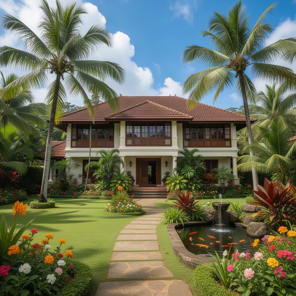 A beautifully designed landscape for a two-story house in Sri Lanka, featuring lush tropical gardens and vibrant flowers