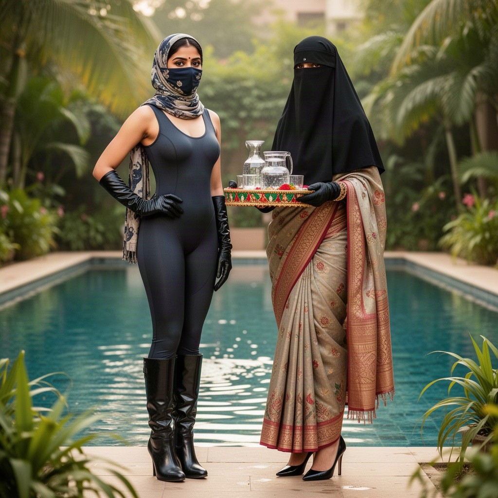 An Indian woman in a sleek bodysuit, elegantly fitted, is standing confidently beside another woman who is dressed in a beautiful saree