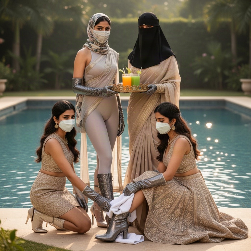 An Indian woman in a form-fitting bodysuit, elegantly adorned with elbow-length gloves and trendy boots, has her face partially concealed by a scarf mask and her head covered with a matching scarf
