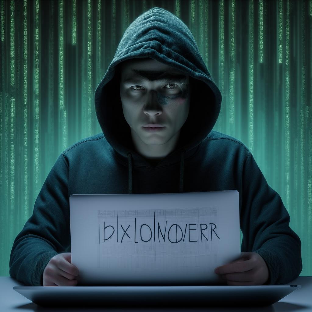 A hacker, with a sheet inscripted with 'BXCLONER' in his hand, accompanied by a laptop.