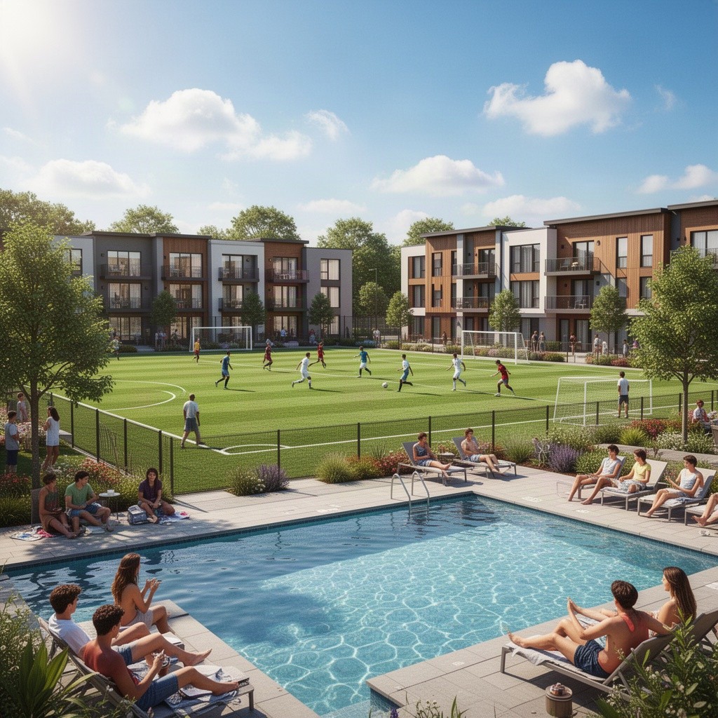 A vibrant scene depicting a football ground surrounded by modern hostels