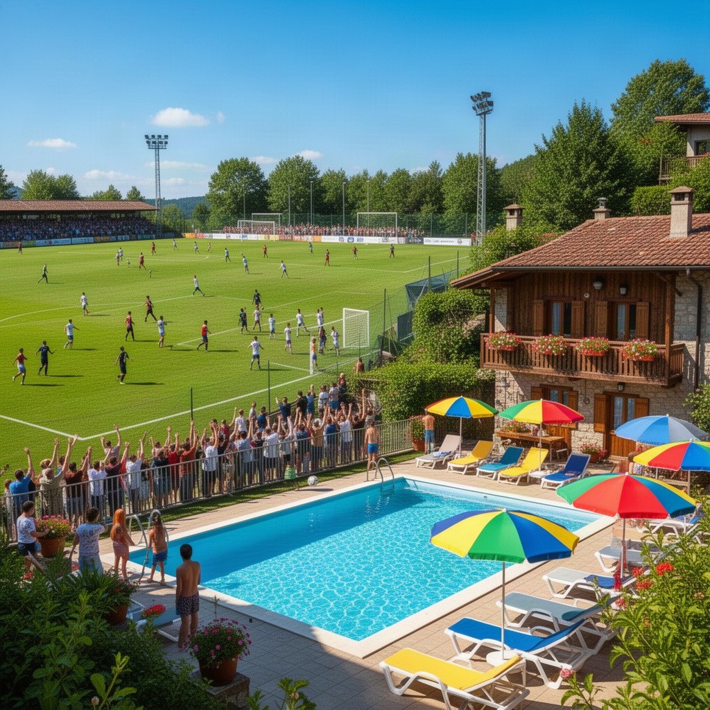 A vibrant football ground under a bright blue sky, with players energetically playing a match, surrounded by cheering spectators
